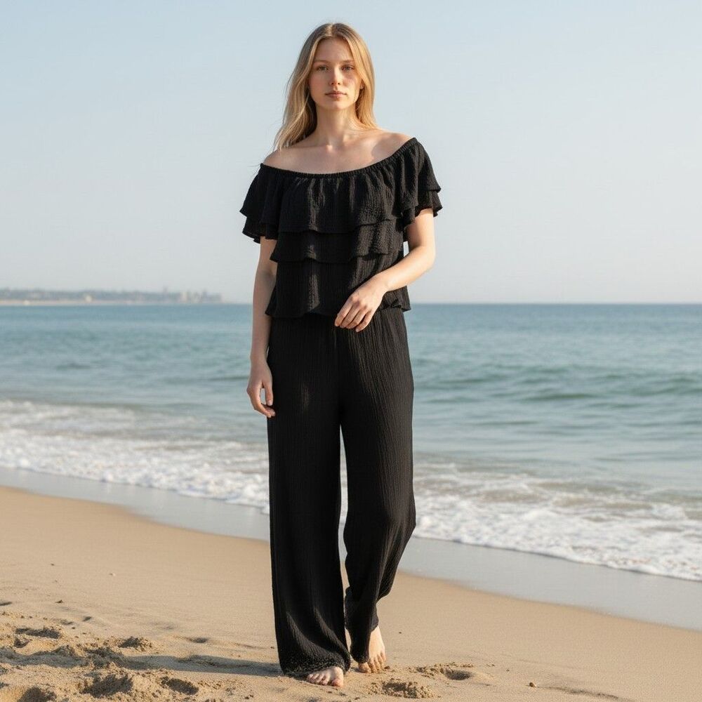 Vtg Serendipity Maui 2-piece Set Sz L Black Wide Leg Pants Off Shoulder Top Boho